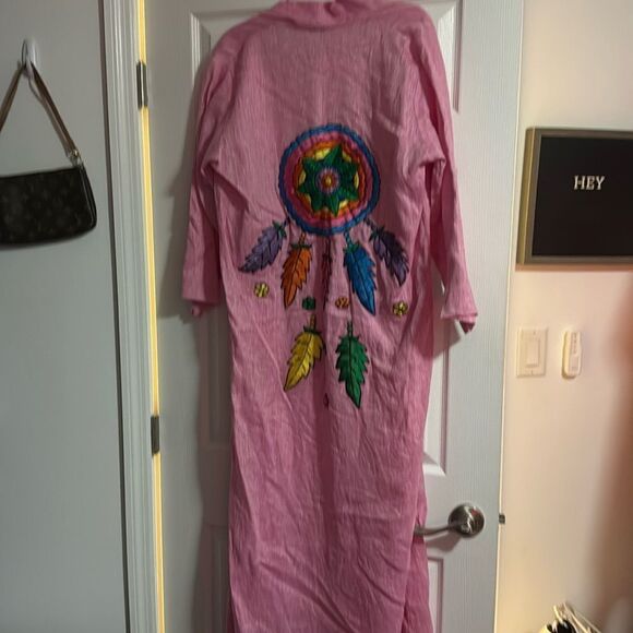 Pink Linen Kimono - Embroidered NWT - Open Pink Dream Catcher - One Size - Picture 1 of 4